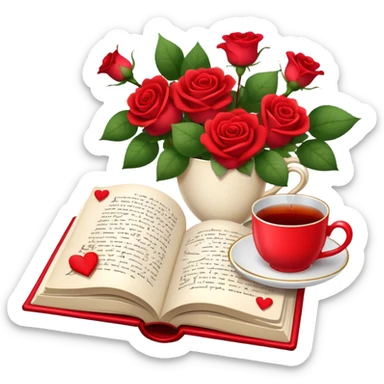 Icon for Romance Reading: an open book with a heart-shaped bookmark, surrounded by roses, a love letter, and a cup of tea, with small hearts and Cupid with bow and arrows flying out of the pages. Transparent background. sticker