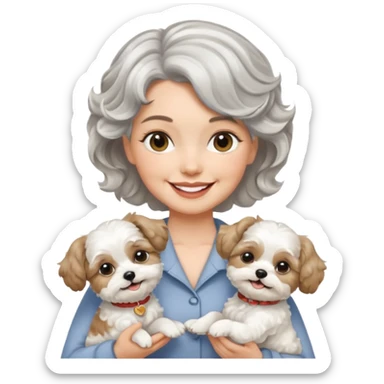 silver, short, wavy-haired with loose curls, smiling pretty lady holding a white terrier and a white/tan shih tzu dog sticker