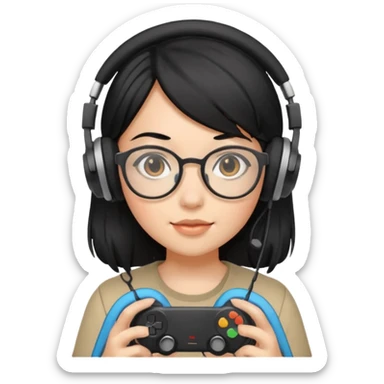 
gamer, black hair girl with glasses, headphone, gamepad sticker