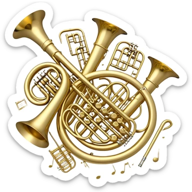 Create a festive and elegant emoji collage featuring a bouquet or fan of bells of wind instrument  (trumpets, saxophones, trombones, tubes, etc.) arranged in a radiant, symmetrical pattern. The instruments should have polished, golden and silver finishes, with their large, shiny bells forming a beautiful, fan-like display. Include a flowing ribbon of musical notes swirling through the center, conveying movement and melody. The background should feature a deep red velvet texture, adding a touch of luxury and sophistication. The overall composition should be balanced, with an elegant and regal feel, with a transparent background to keep focus on the instruments and musical elements. sticker