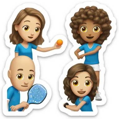 4 Caucasian people playing pickleball with 1 tall bald male, 1 shorter brown hair male, 1 girl with long brown hair, 1 girl  with brown hair sticker