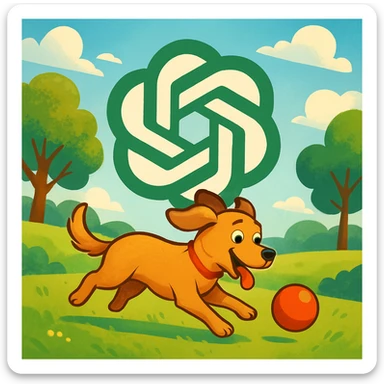 chat gpt image logo on the background of a dog chasing ball sticker