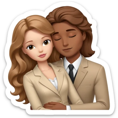 White Barbie girl Chestnut long wavy hair sleeping with In beige clothes, Hugs a man with brown hair, brown eyes and a black suit sticker