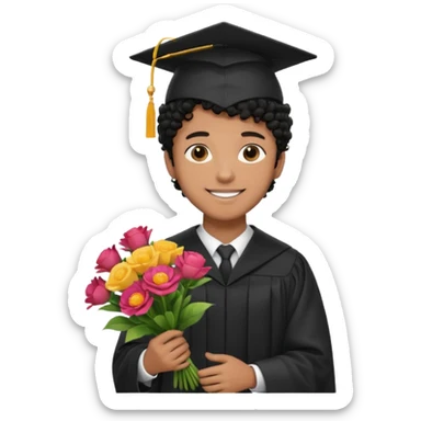 Graduated Students, Male,  brown skin, black curly hair, wearing graduation cap, holding bouquet of flowers
 sticker