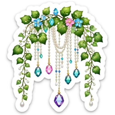 Exotic romantic Few cute tiny Iridescent glistening glossy sparkly shiny glittery hanging crystals pearls and beads and gemstones scenery scenic decorations with ivy and flowers sticker