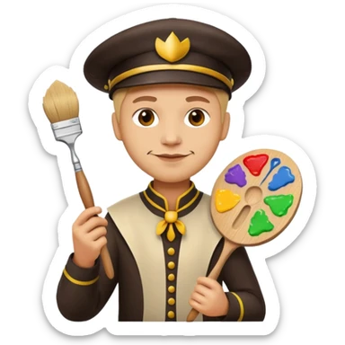 a chief of creative character, professional yet imaginative, holding a paintbrush and palette, original Apple emoji style sticker