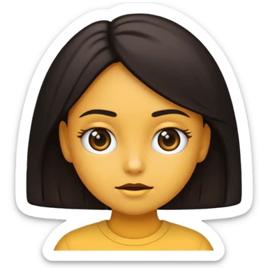 emoji estilo iOS de uma menina parda, cabelo cacheado curto preto dividido ao meio, olhos castanhos, expressão neutra sticker