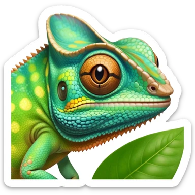 cinematic cute-smiling baby chameleon-realistic emoji,-blending-with-vibrant-greenery.-detailed-scales-in-shifting-colors,-showing-the-chameleon’s-ability-to-camouflage.-soft-natural-light-highlights-its-texture.-nature-background, zoomed into its face sticker