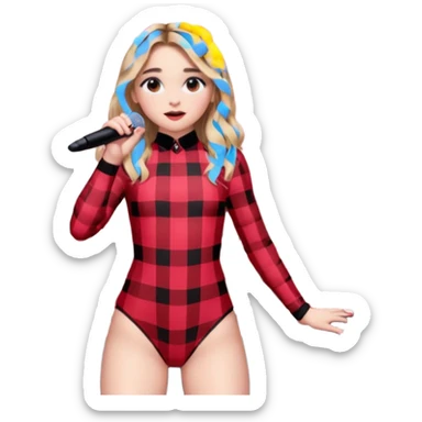 Sabrina carpenter singing at concert wearing a black and red plaid bodysuit with huge crowd and light pink stage setting  sticker