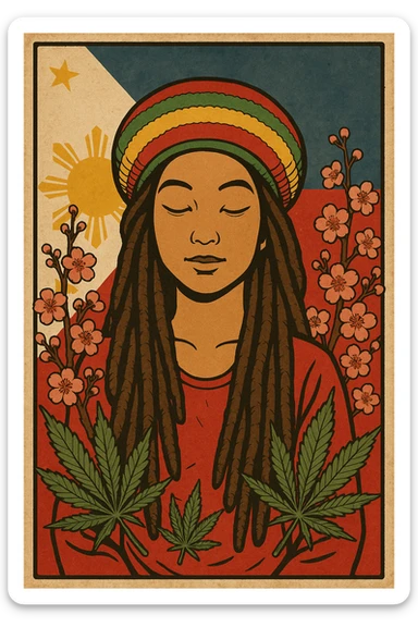 Vintage poster of an Asian Rasta woman with long dreadlocks, peaceful eyes, and a red-gold-green tam. Surrounded by cherry blossoms and ganja leaves. Background Asian flag. Retro reggae fusion vibe, with bold lines and aged paper texture. Philippines with the actual flag
 sticker
