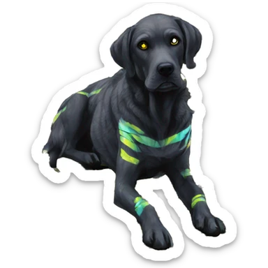 .Zombie_ Vaporwave black holographic oilslick zombie yellow Labrador zombie dog yellow caution tape graffiti stripes yellow and black stripes sticker