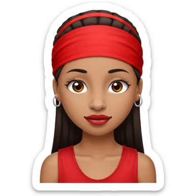 light-skinned black girl with very long eyelashes with long strait dark brown hair with edges wearing a red top with no sleeves. and a red accessory on her head with nose and mouth piercings. sticker