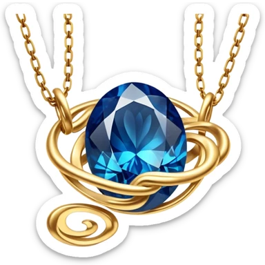 gold chain floating in midair with a glowing deep blue stone, swirling veins, shimmering like liquid gold, magical aura sticker