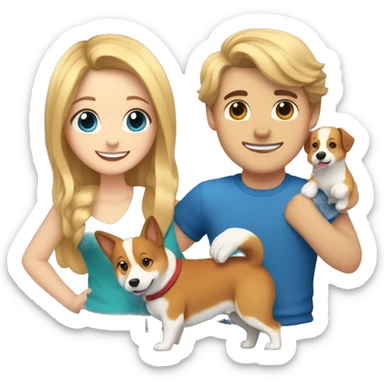 A girl with long blond hair and brown eyes, a guy with blond, slightly curly hair and blue eyes, hugging and a dog corgi between them sticker