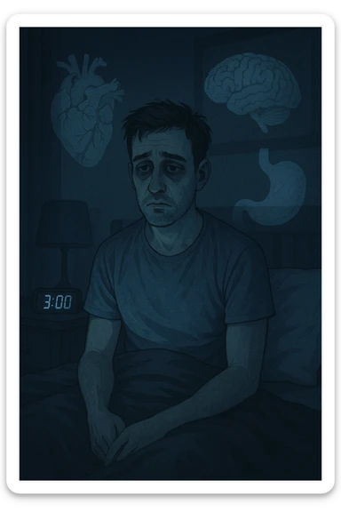 a man sits awake in bed in the middle of the night, dark circles under his eyes and a tired, anxious expression. The room is dimly lit by the blue glow of a phone or digital clock showing 3:00 AM. Around him, faint ghostly overlays of anatomical drawings highlight affected organs—heart, brain, and stomach—symbolizing the physical harm caused by disrupted sleep. sticker