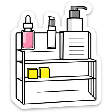 big long white shelf with one serum bottle labeled beauty brand and big sticky note next to it sticker
