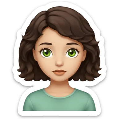 A girl with light skin, short dark brown wavy hair and brown with a little green eyes sticker