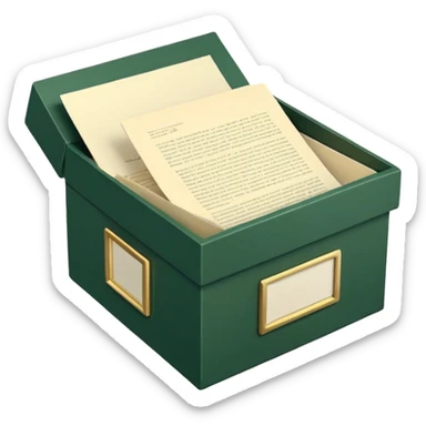 3D minimal open box with papers and documents floating out, matte finish, deep green (#0B3D2C) box, cream (#F5F5DC) papers, gold (#C9B037) subtle glow, Apple style, clean and premium, soft shadow, transparent background sticker