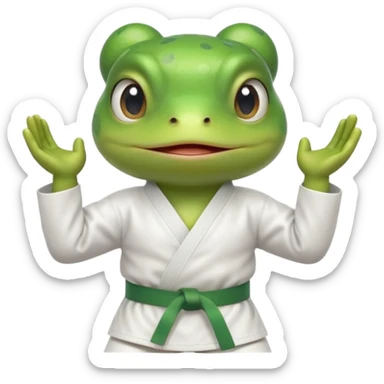 cute frog doing karate portrait, head and shoulders only, wearing white gi uniform, green belt visible, funny serious face, 3D cartoon, mobile game icon style, clean background, no text, no watermark
 sticker