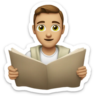 a light-skinned green-eyed man with brown hair sitting in front of the paper scroll  sticker