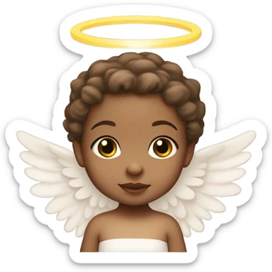 2 light skin baby girls with brown hair with a halo and angel wings sticker
