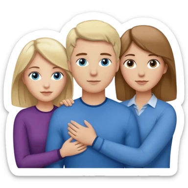 3 people. Throuple. Blank woman with blond hair and blue eye color on left. And also a blank man with brown hair and grey eye color in the middle. And a blank woman with brown hair and grey eye color on the right. Holding each other sticker