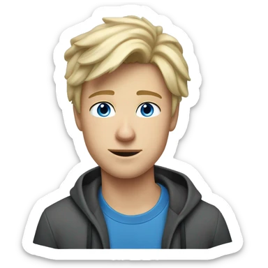 A boy with fair skin, blue eyes, slim build, 21 years old, blond tousled hair, sitting at a computer, an iMac. sticker