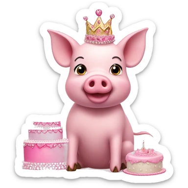 Pink pig in tutu and tiara with birthday cake  sticker