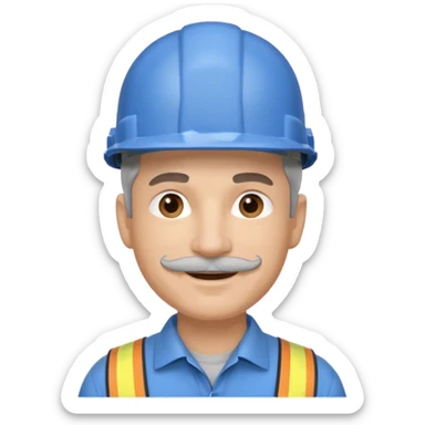 A man emoji with light skin, wearing a blue construction helmet, short gray hair on the sides, straight eyebrows, brown eyes, a small nose, and a thin gray mustache above his smiling mouth. sticker