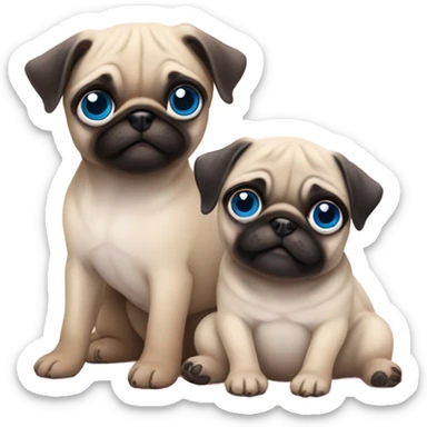 Baby pug with big blue eyes hugging a baby pug with pink eyes  sticker