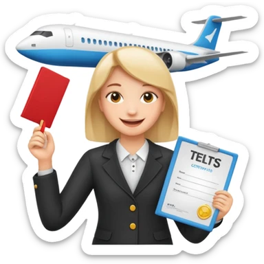emoji student happy holding certificate IELTS 7.0, success, airplane, white background sticker
