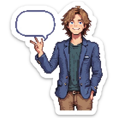 Flat pixel are, lively and clever male debater, fair skin, medium-length messy light brown hair, sharp eyes with a mischievous smile, wearing indigo blazer over a casual t-shirt, one hand raised mid-gesture, the other holding a floating speech bubble, waist-up, front-facing sticker