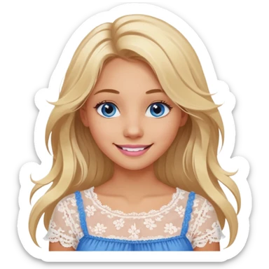 create an emoji of a young woman, tanned face, smile. she has an innocent natural look, very messy extremely long blonde hair, blueeyes, natural soft pink lips. she wears a very loose very white lacy top sticker