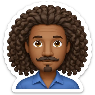 a martinican with long curly hair who fall, a goatee, a mustache sticker
