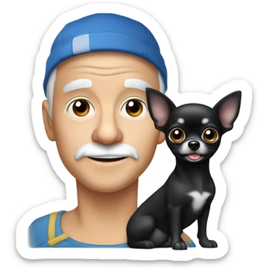 cute black long fur Chihuahua held by old blue eyes man with goatee and ball cap sticker