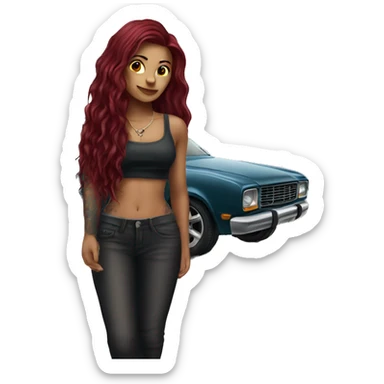 Beautiful tattooed burgundy long haired woman standing next to a car sticker