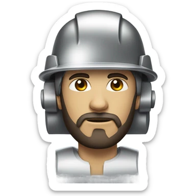 half cyborg face half human with short straight, dark hair, hardhat, and a neatly trimmed beard sticker