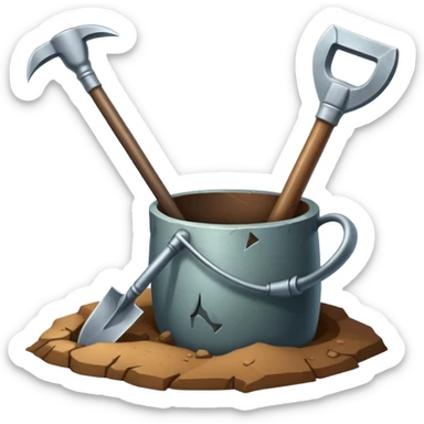 An icon featuring a shovel, pickaxe, and an ancient artifact like a broken pot, symbolizing the essentials of archaeology. The design focuses on the tools of excavation and discovery, recognizable look. Transparent background. sticker