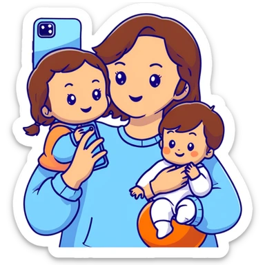 brunette girl with brown hair wearing pastel blue clothes holding a baby and taking a selfie sticker