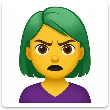 Edit the image of a girl with green hair and angry expression to have brown eyes and black lipstick in an emoji style. sticker
