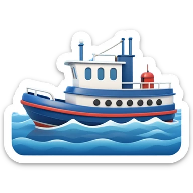 A 3D cartoon tugboat towing another boat on calm blue water, soft waves, clear sky, Memoji-style. sticker