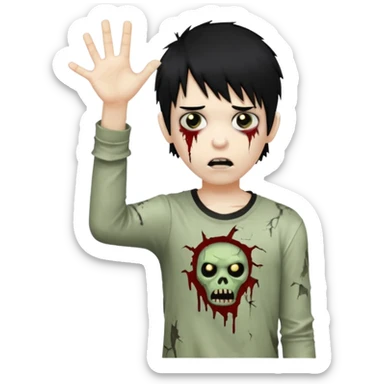 boy zombie with black hair, emo fringe, torn shirt, one arm outstretched sticker