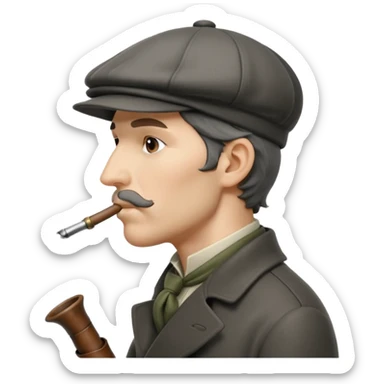 A side view of Sherlock Holmes wearing a deerstalker hat with a curved meerschaum pipe held to his lips sticker