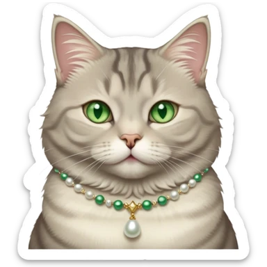 fluffy, slightly chubby, light grey tabby cat with green eyes, white tummy, and a pearl necklace  sticker