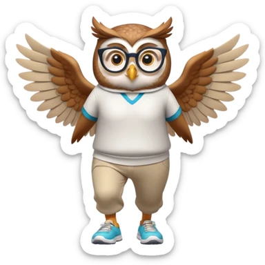 friendly anthropomorphised owl with wings instead of arms, in pants and a shirt, wearing glasses, jogging upright, standard pose sticker