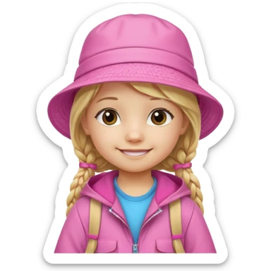 Little girl kid student, long braid blonde, wears pink bucket hat and jacket, backpack, happy sticker