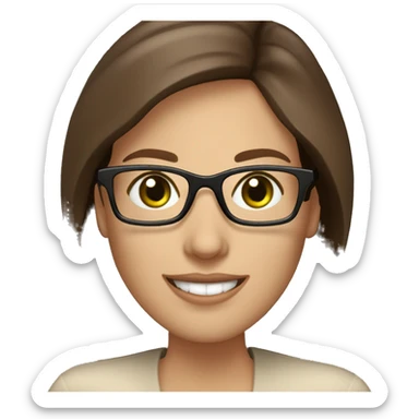 a teacher with English dictionary in hand in glasses, beige blouse, easel green eyes, brown chocolate hair and Hollywood smile sticker