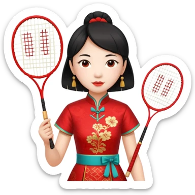 ancient geongsam girl with 1 badminton racket, red sticker