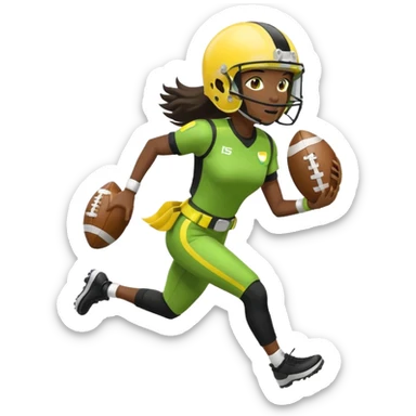 woman running with a football, wearing a helmet, black uniform with white accents, lemon lime flag belt, no country flags sticker