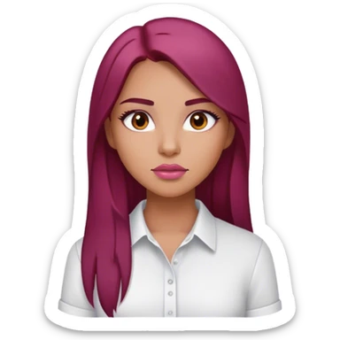 Tan girl, Brown eyes, pink lips, dark brown eyebrows, long straight dark red hair, white shirt sticker
